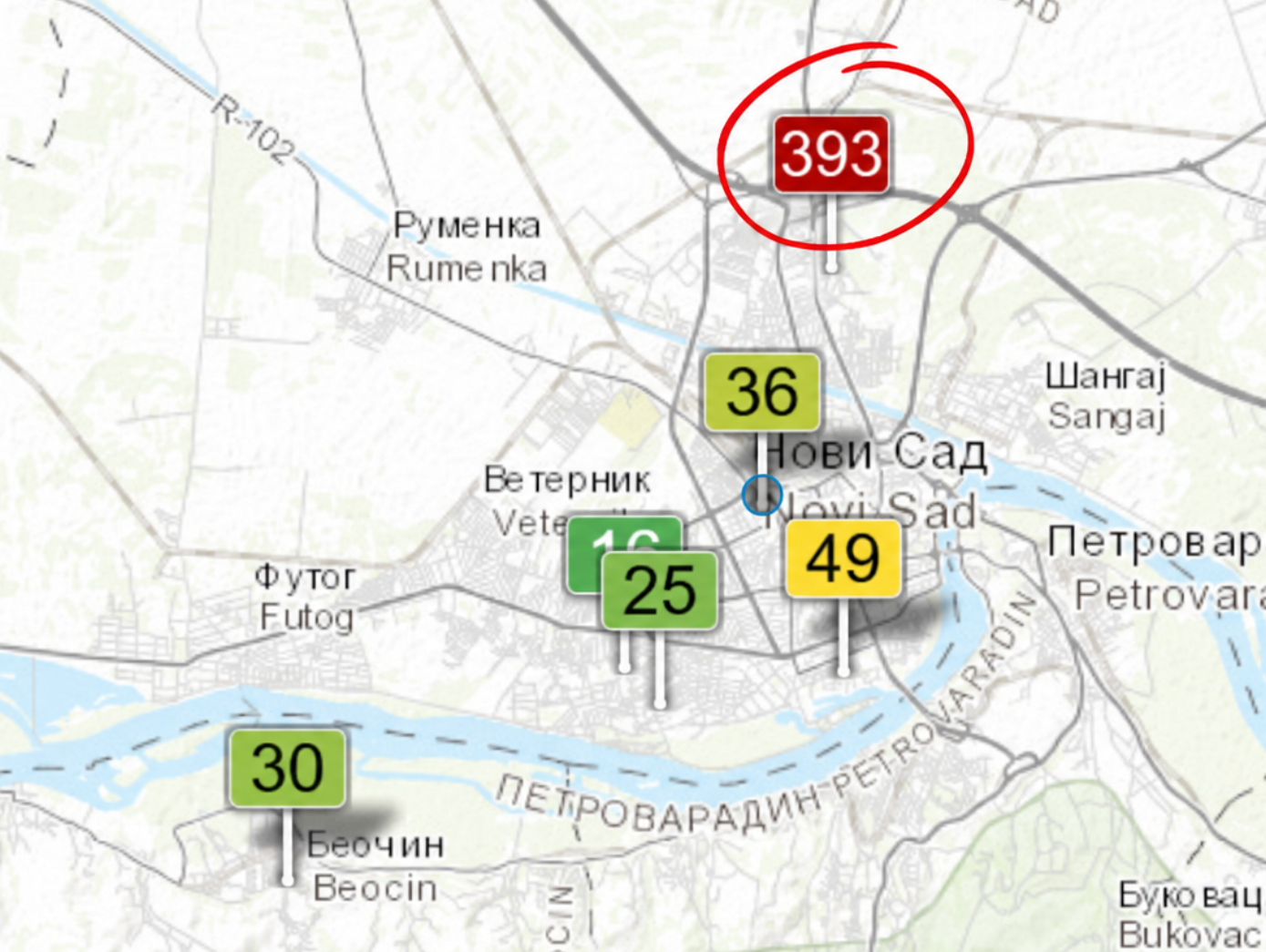 AQI merenja na Klisi i drugim prikazanim mernim mestima u okolini Novog Sada